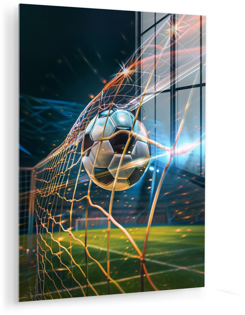MuchoWow® Glasschilderij 60x80 cm - Schilderij acrylglas - Voetbal - Goal - Sport - Jongens - Foto op glas - Muurdecoratie woonkamer - Wanddecoratie slaapkamer - Schilderijen