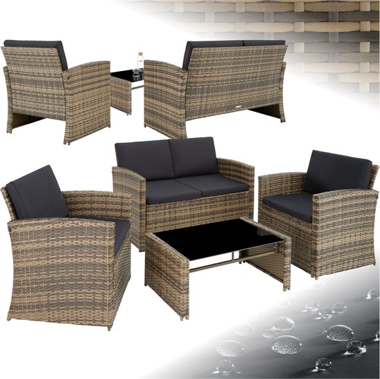 tectake® Wicker tuinloungeset - Tuinset met 2-zitsbank - 2 fauteuils en 1 tafel met afneembaar glazen blad - Comfortabele zit- en rugkussens - Voor tuin, terras, balkon - Zithoogte 38,5 cm - Maximale belasting 120 kg - Beige