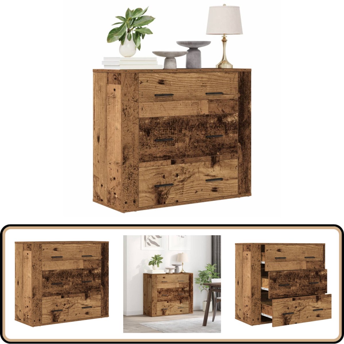 vidaXL Dressoir - 80x33x70 cm - Bewerkt hout - Oud houtkleur Dressoir - Commode - Opbergmeubel - Houten Dressoir - Vintage Dressoir