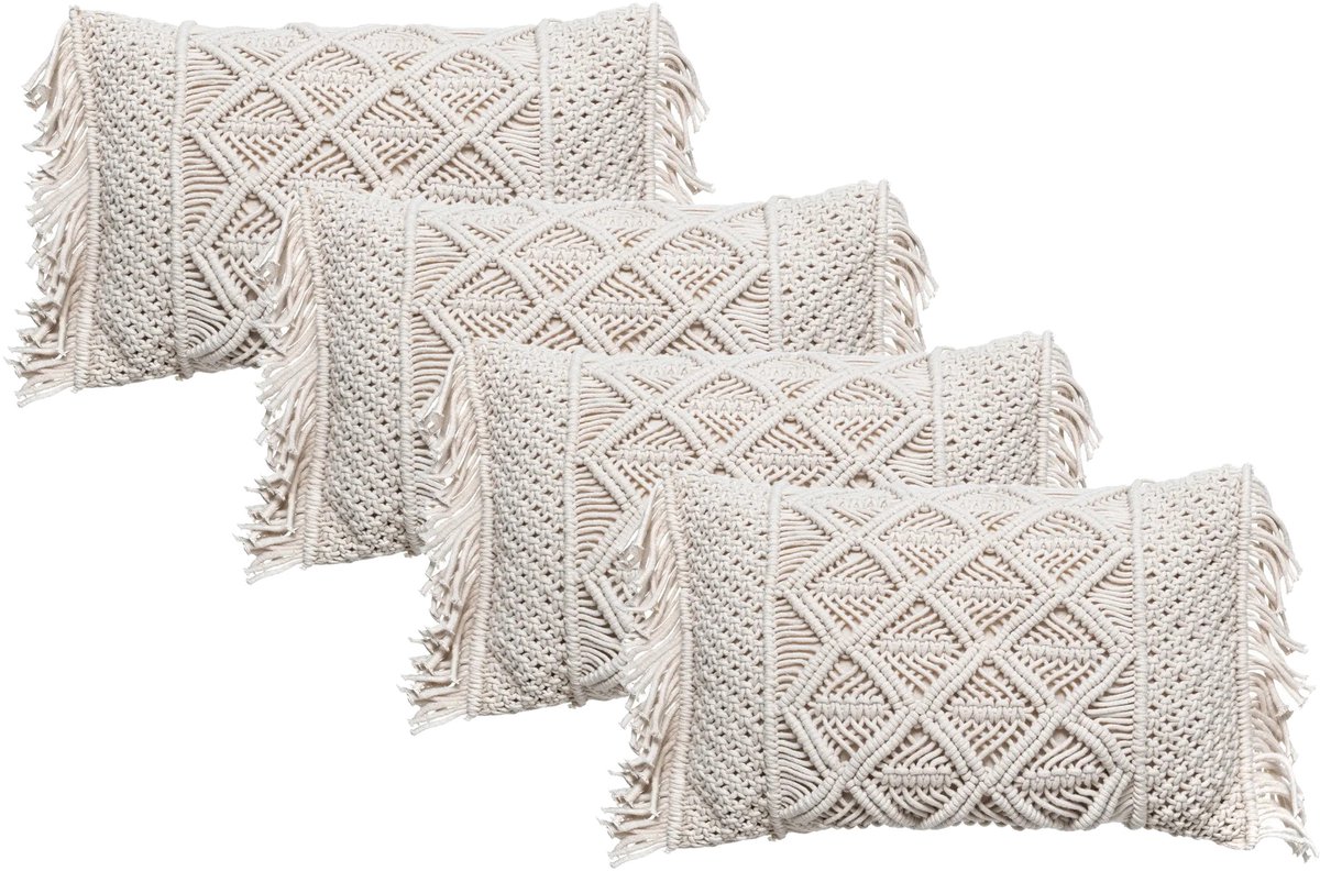 Atmosphera Sierkussen Macrame Ibiza voor binnen - 4x - ivoor wit - 30 x 50 cm - katoen/polyester Creme