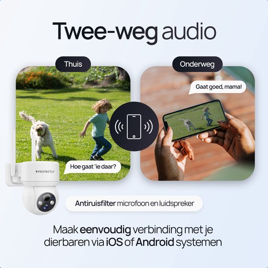 Protectly beveiligingscamera met tweeweg audio: thuis en onderweg communicatie. Met anti-ruis microfoon en luidspreker.