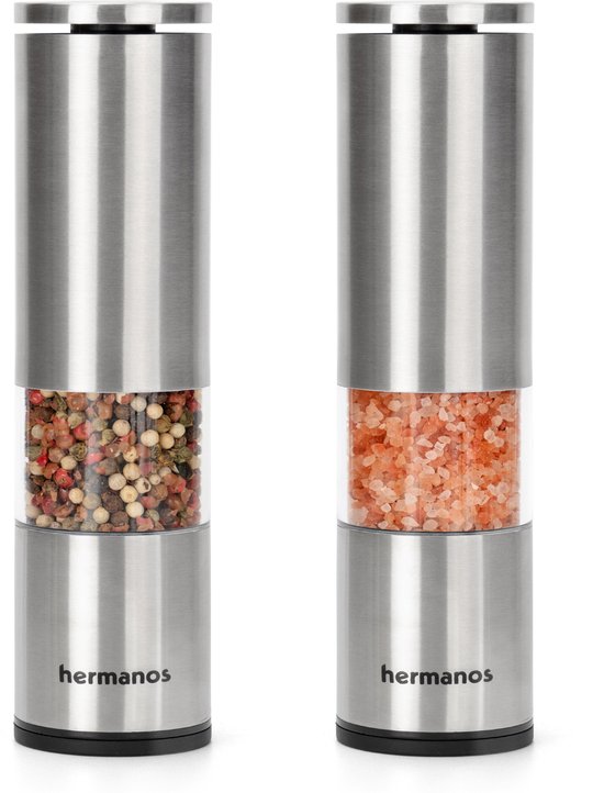 Peper en Zoutmolen Set Handmatig Zilver Hermanos® - Peper- & Zoutstel - 22 cm - Pepermolen - Instelbare Maalgraad - BBQ Accessoires