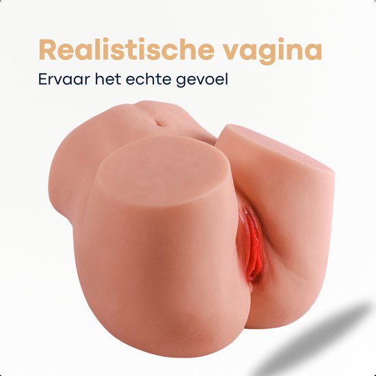 Realistisch siliconen bilmodel met opening. Tekst: Realistische vagina, ervaar het echte gevoel.