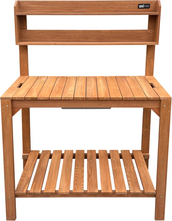AXI Jardinière surélevée avec plan de travail coulissant, marron - Table de rempotage - Bois de pruche - 100 x 46 x 140 cm - Avec bac en plastique - Jardinière extérieur pratique avec espace de rangement