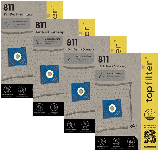 TopFilter 9997350 Set van 4 pakketten van 4 stofzuigerzakken 64811 Samsung en Dirt Devil, stofzuigerzak, stofzuigeraccessoire, stofzuigerzak, Niet-geweven polypropyleen, Rubber, Plastic, 30 x 26 cm