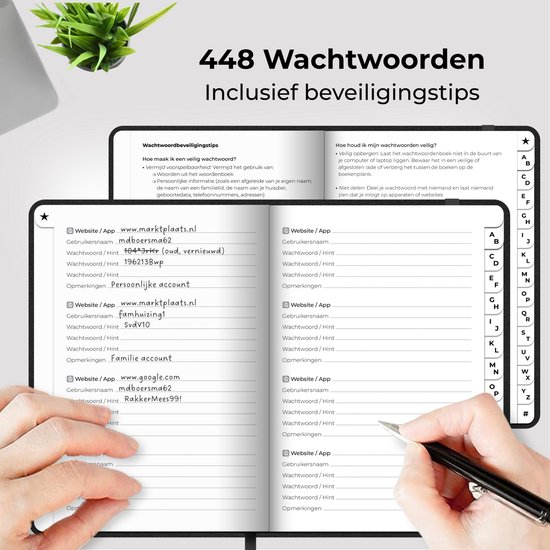 Pagina's met wachtwoordtips en lijsten om wachtwoorden en websitegegevens bij te houden.
