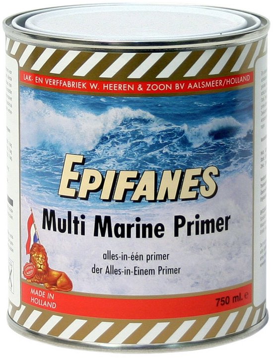 Blik Epifanes Multi Marine Primer met zeegezicht en leeuwenlogo. 750 ml.