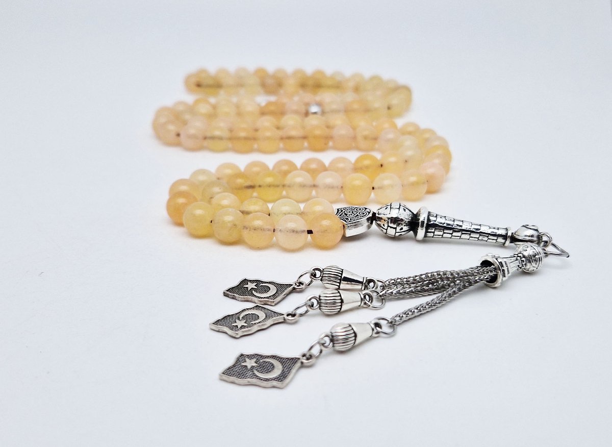 Handgemaakte tesbih "Tasbih" natuursteen " Calciet geel " - Aantal kralen 99 - Diameter kralen 8MM - met metaal tassel "Turkiye" - Een mooi cadeau-idee