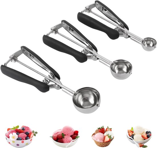 2 stuks ijsschep van roestvrij staal 4 cm, 5 cm en 1 stuk kleine ijstang met ronde punt, catering buffet ijsschep ijsschep geschikt voor ijs, cake, meloenen
