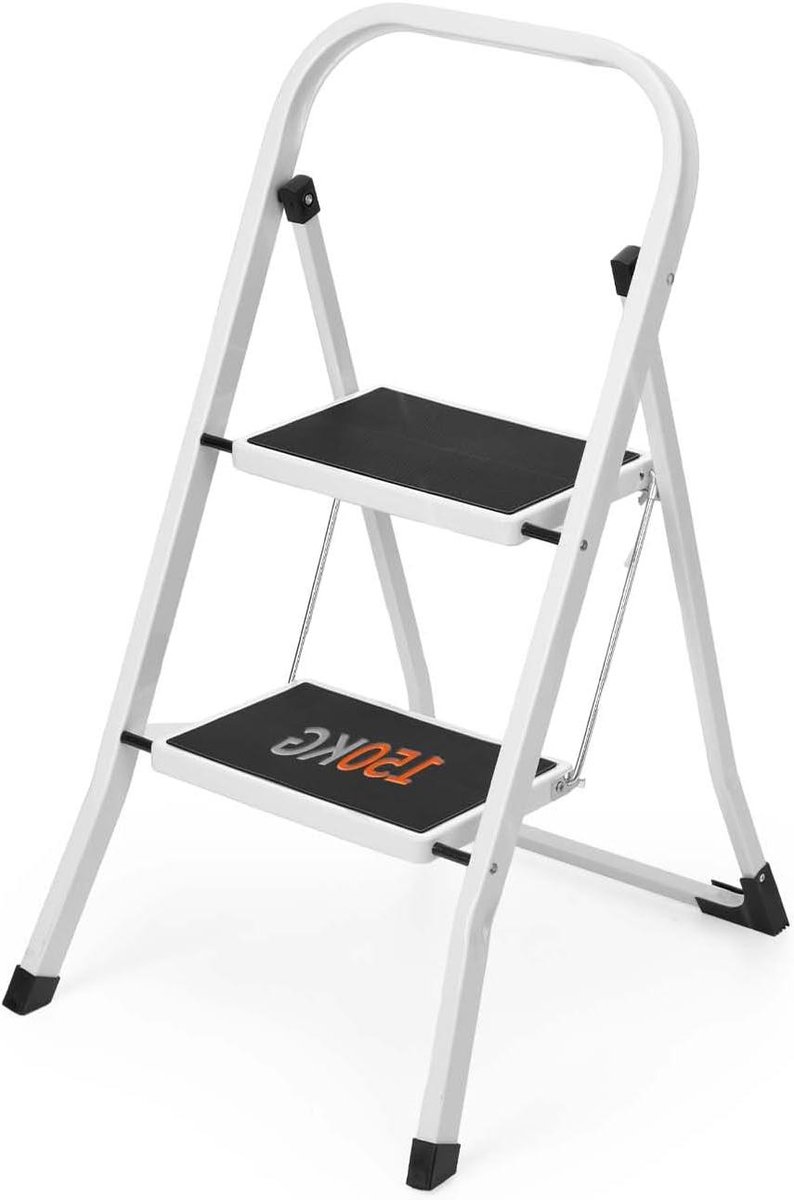 Opklapbare 2-traps ladder - Antislip - Draagbaar - Wit - Staal