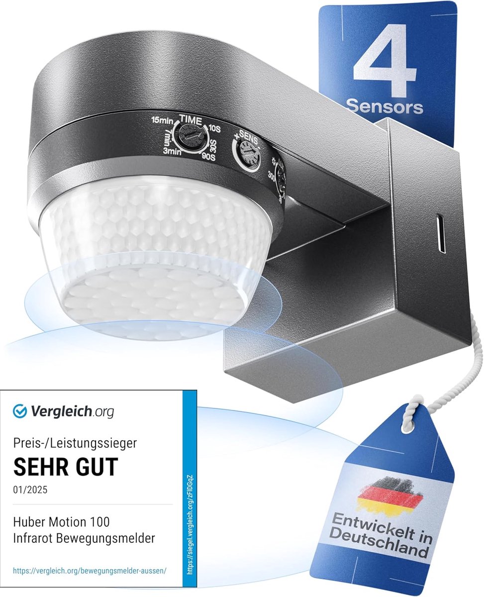 Infrarood bewegingsmelder 360° met 4 sensoren - IP65 sensor voor LED verlichting, wand-/plafondmontage, met kruipbeveiliging