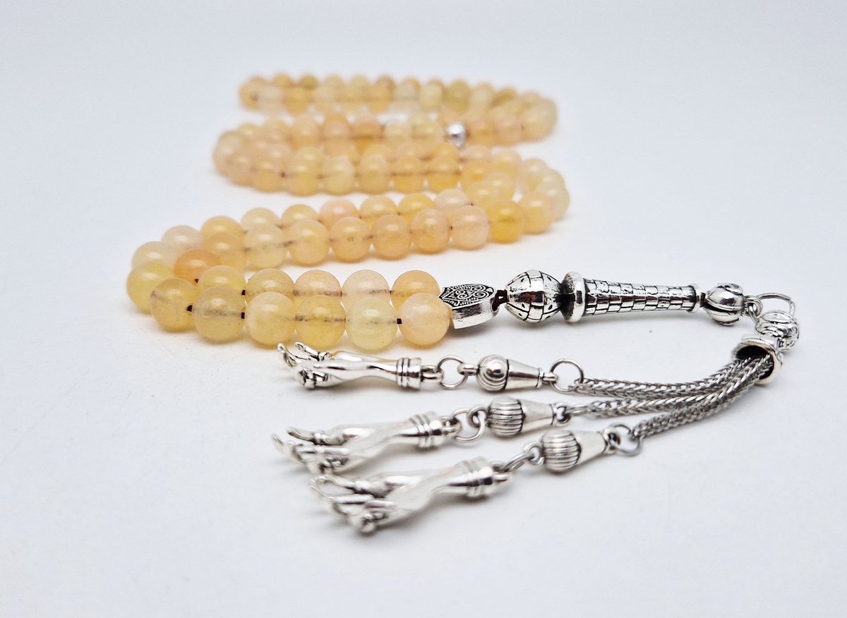 Handgemaakte tesbih "Tasbih" natuursteen " Calciet geel " - Aantal kralen 99 - Diameter kralen 8MM - met metaal tassel "Palm" - Een mooi cadeau-idee
