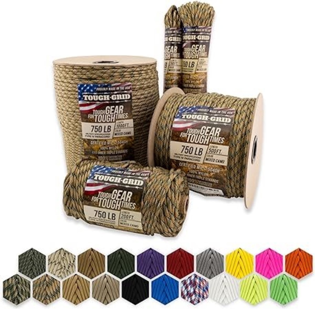 TOUGH-GRID PC200 340kg Paracord - 100% Nylon Miliaire Specificatie type IV - Geschikt voor het leger, kamperen en noodgevallen - Gemengde Camo