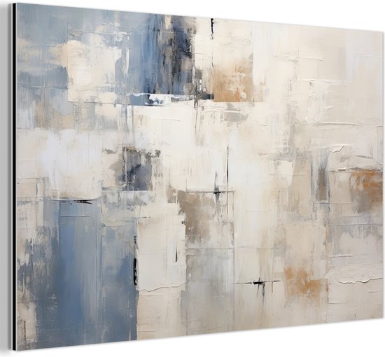 Abstract schilderij in blauw, beige en wittinten, met textuur en dikke rand.