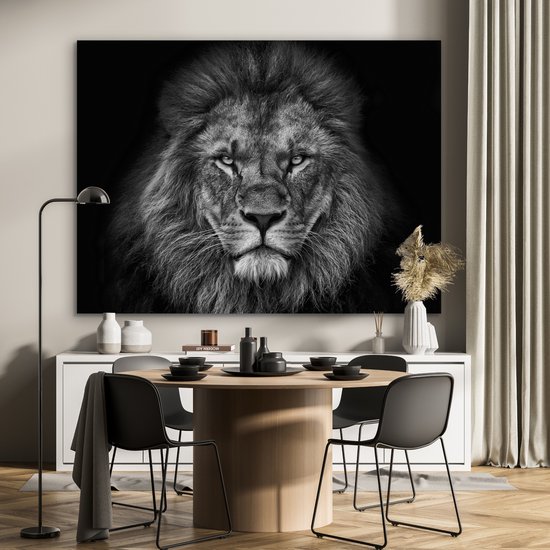 Décoration murale Métal - Peinture Aluminium Industriel - Lion - Animaux - Zwart - Wit - 160x120 cm - Dibond - Photo sur aluminium - Décoration murale industrielle - Pour le salon/chambre