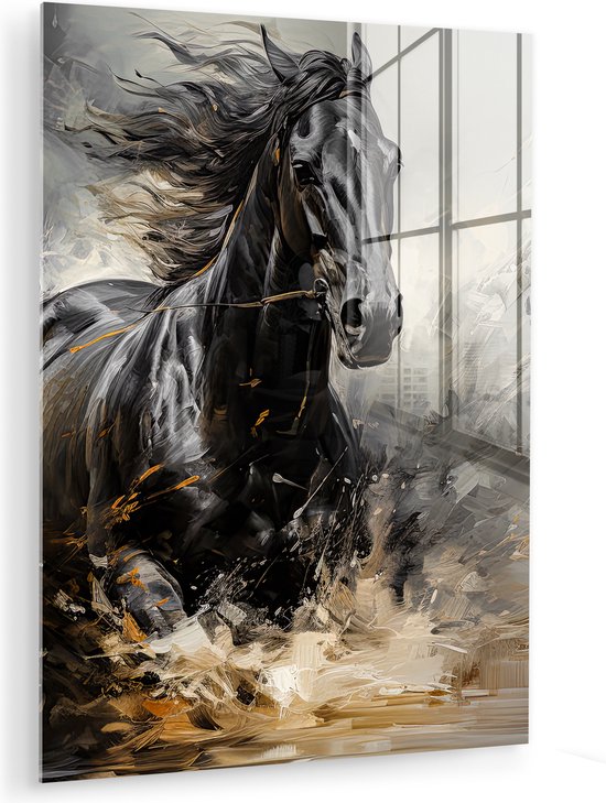 MuchoWow® Tableau sur verre 90x120 cm - Tableau sur verre acrylique - Paarden - Zwart - Wit - Animaux - Photo sur verre - Décoration murale salon - Décoration murale chambre - Peintures
