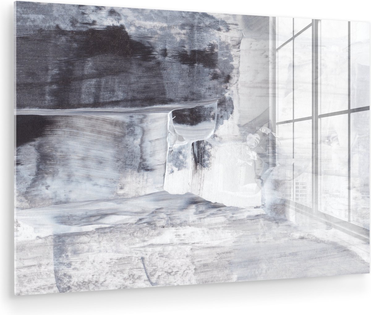 MuchoWow® Glasschilderij 90x60 cm - Schilderij acrylglas - Kunst - Verf - Wit - Zwart - Gr