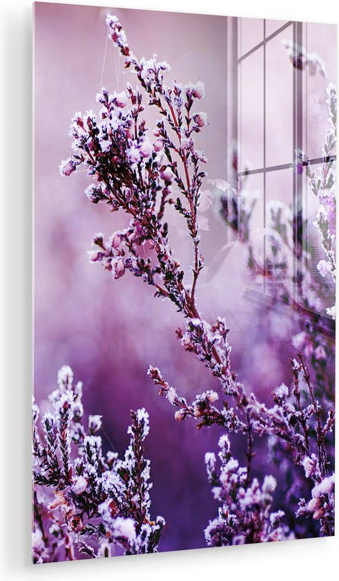 MuchoWow® Glasschilderij 120x180 cm - Schilderij acrylglas - Lavendel - Winter - Bloemen - Paars - Foto op glas - Muurdecoratie woonkamer - Wanddecoratie slaapkamer - Schilderijen