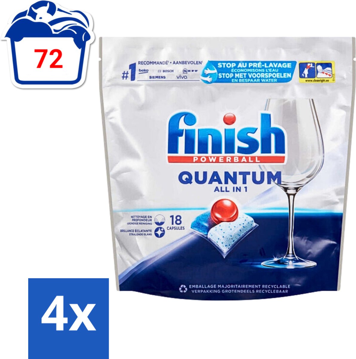 4 x Finish Powerball - Quantum All in 1 - Vaatwastabletten - Stralende Glans - 18 Tabletten - Vaatwastabletten - Vaatwasser - Diepe Reiniging - Glans - All In One