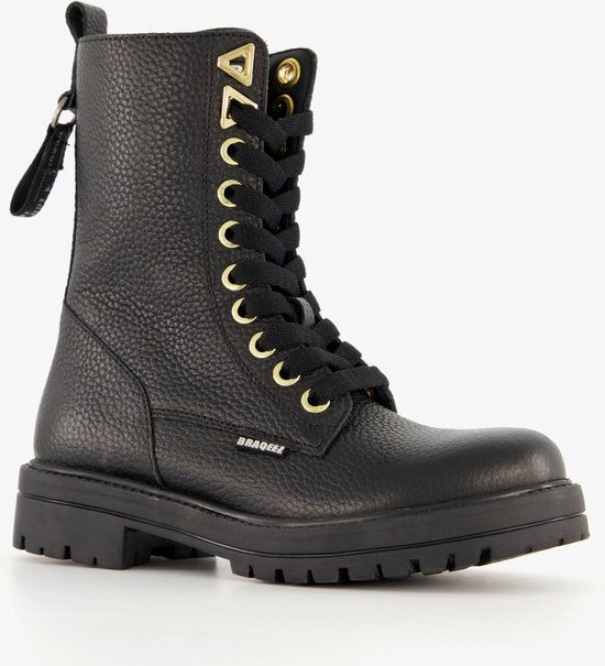 Braqeez leren meisjes veterboots zwart - Maat 32 - Uitneembare zool