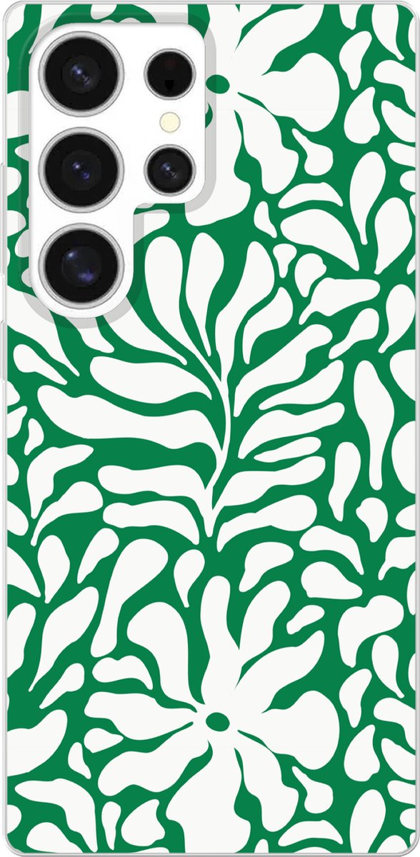 Telefoonhoesje Geschikt voor Samsung Galaxy S25 Ultra hoesje - Bloemen patroon - Groen - Wit - Print - Siliconen Telefoonhoesje Telefoonhoesje
