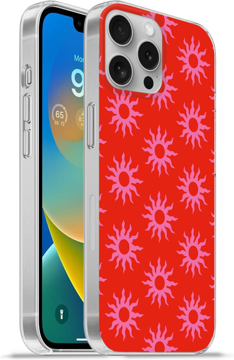 Telefoonhoesje Geschikt voor Apple Iphone 16 Pro Max hoesje - Zonnen - Rood - Roze - Patroon - Zomer - Siliconen Telefoonhoesje Telefoonhoesje