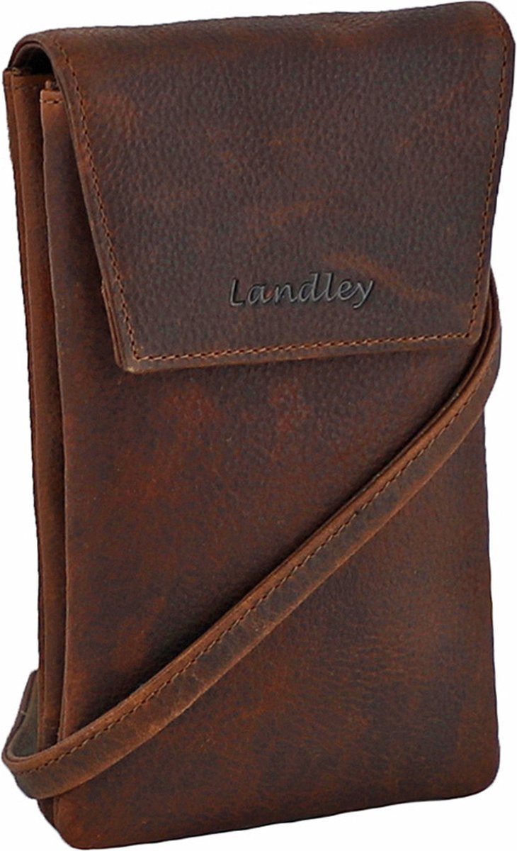 Landley Leren Dames Telefoontasje - Klein Schoudertasje - Phone Wallet - Antique Vintage Leer - Donker Cognac / Bruin