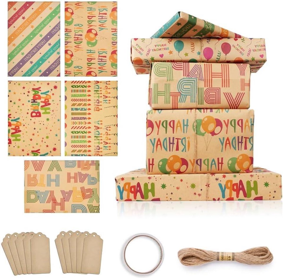 Recyclebaar cadeaupapier - 5 stuks inpakpapier kraftpapier - 50 x 70 cm - multifunctioneel - met cadeaulabels - 10 m touw - dubbelzijdige kraan - bruiloftsfeest heren .