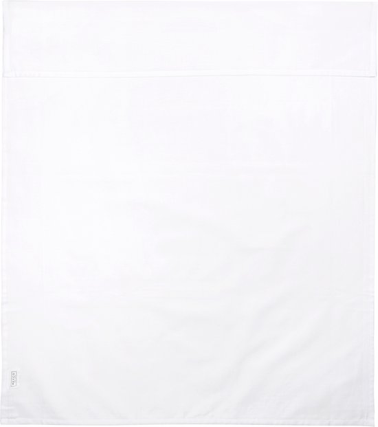 Een effen wit ledikantlaken, 100x150cm, met een label rechtsonder.