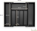 Dimensions de la boîte à couverts noire extensible : 38 cm de profondeur, 26 cm de largeur avec 7 compartiments.