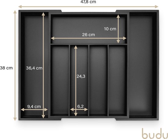 Dimensions de la boîte à couverts noire extensible : 38 cm de profondeur, 26 cm de largeur avec 7 compartiments.