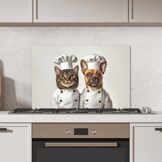 Spatscherm keuken 70x50 cm - Kookplaat achterwand Kat - Hond - Kokskleding - Muurbeschermer - Spatwand fornuis - Hoogwaardig aluminium