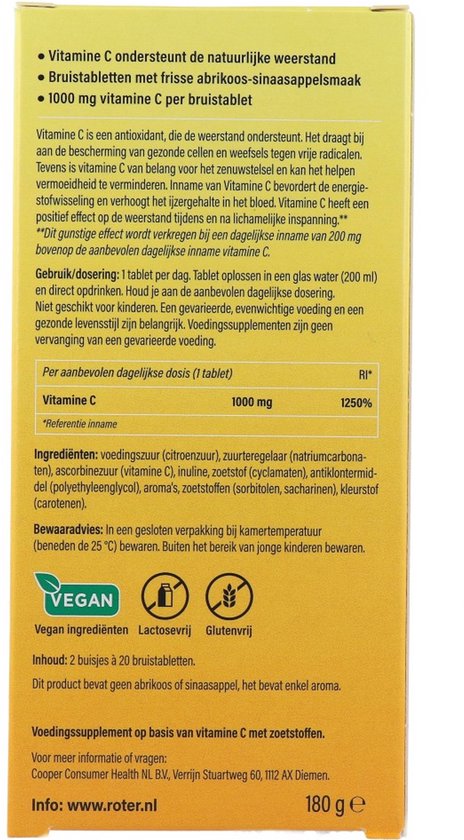 Roter Vitamine C 1000mg bruis - Hoge dosering vitamine C ter ondersteuning van je natuurlijke weerstand - 40 bruistabletten met abrikoos-sinaasappelsmaak