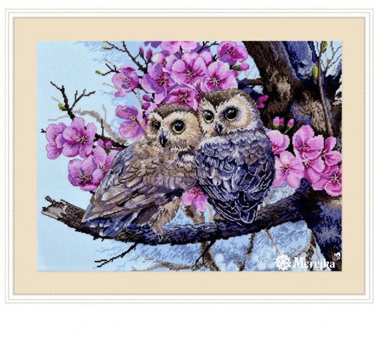 Borduurpakket TWO OWLS IN SPRING BLOSSOM - Twee Uilen in Lentebloesem - MEREJKA (228) - DMC garens