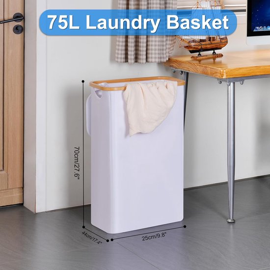 thumbnail: Wasmand Met Deksel 75 Liter Smal - Opvouwbaar Met Wasbare Binnenzak | Zwart Met Bamboe Handgrepen