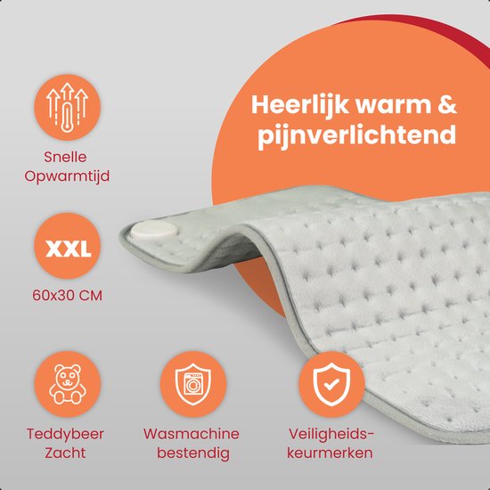Grijze fleece warmtekussen van 60x30 cm, met indicatie van snelle opwarming, XX L, teddyzacht, wasmachinebestendig en veiligheidskenmerken.