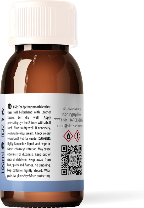 Fles bruine leerverf met deksel, 100ml. Etiket met gebruiksaanwijzing en waarschuwingssymbolen.