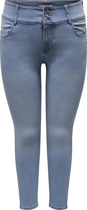 Lichtblauwe skinny jeans met hoge taille en drie knopen.