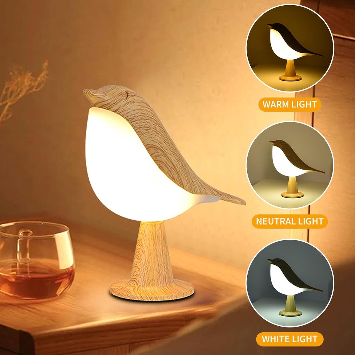 vogel LED-tafellamp met aanraakdimmer - draadloze lamp met oplaadbare batterij - aromatherapie tafellamp - 3 helderheidsniveaus - voor slaapkamer, woonkamer, kantoor(esdoorn) thumbnail 7