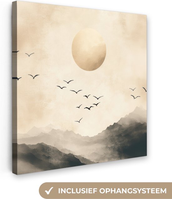 Canvas schilderij 20x20 cm - Exclusieve wanddecoratie Landschap - Japandi - vogel - Muurdecoratie woonkamer - Slaapkamer decoratie - Kamer accessoires - Schilderijen op canvas