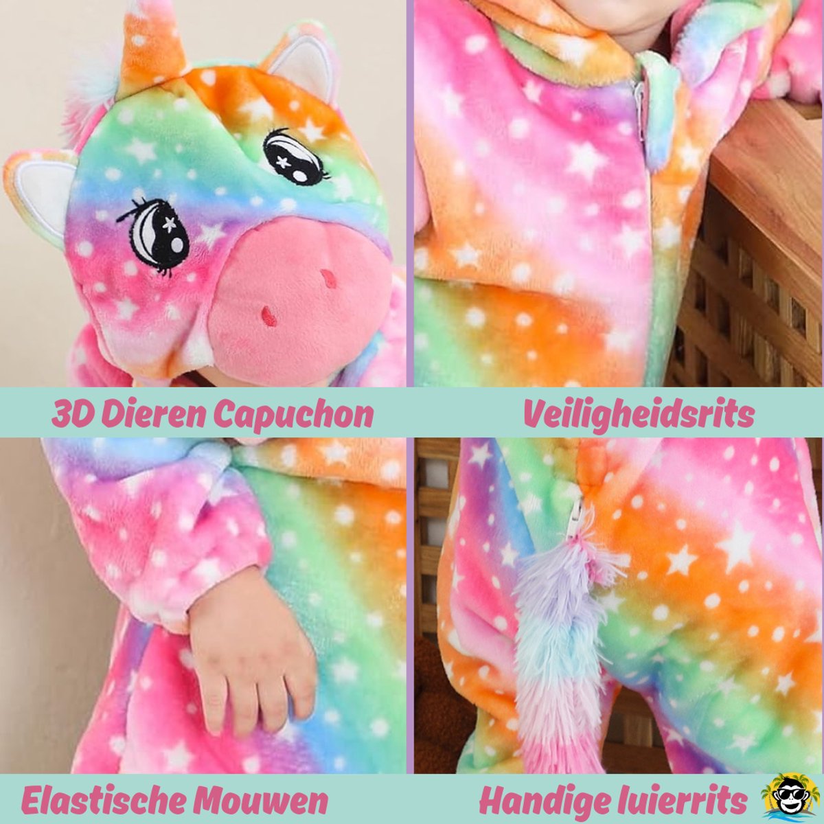 BoefieBoef Unicorn Regenboog Dieren Baby Onesie Peuter Pyjama Kinderen 2-4 jaar 6 maanden tot 2 jaar – Eenhoorn – Verkleedkleding met Luierrits – Voor Carnaval, Kerst- en Kraamcadeau – Flanel - Romper - Boxpak - Jongen - Meisje - Kruippak - Winterpak — afbeelding 3