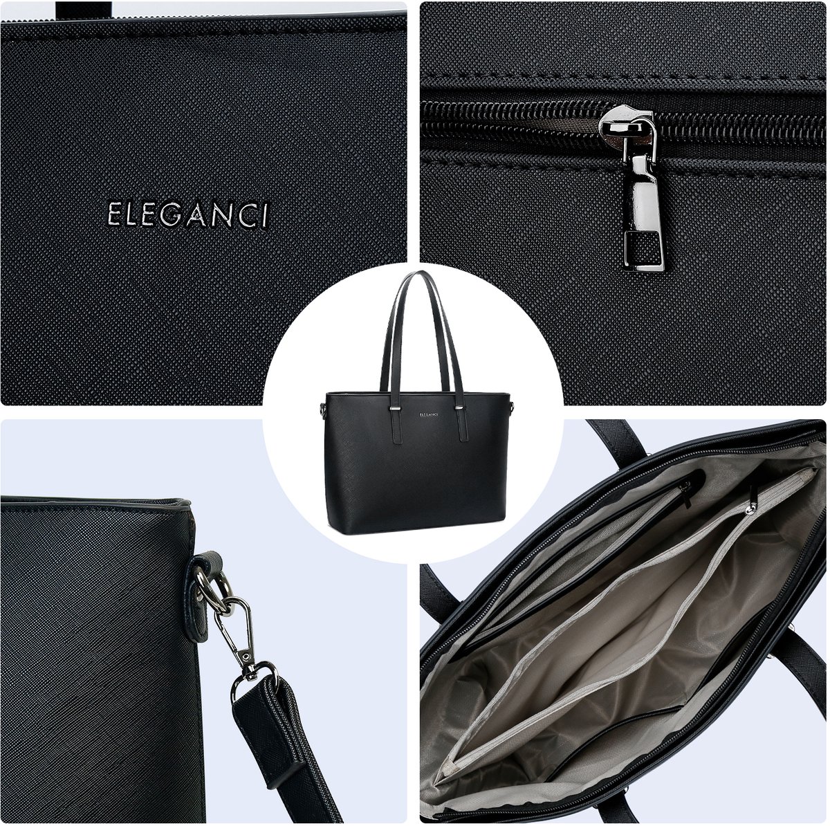 Sac à Main Femme Eleganci Shopper | Sac Zippé Avec Poche A4 - Polyuréthane Imperméable - Bleu - 6