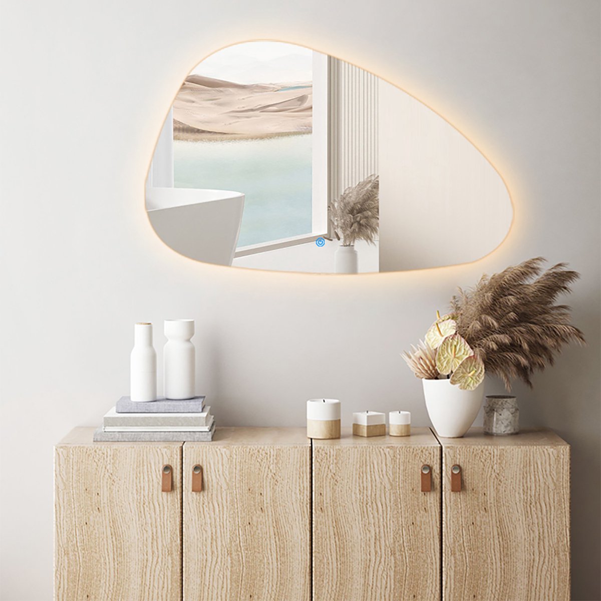 Badkamerspiegel met LED Verlichting en Verwarming 120cm - Afimera Artsy - Randloos - Wandspiegel Organische Vorm - Touch Bediening - Dimbaar - Aanpasbare Lichtkleur