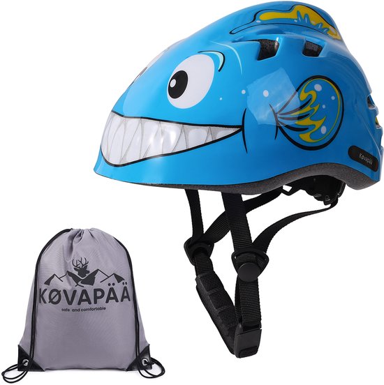 Blauwe vis fietshelm voor kinderen met draagtas. Helm heeft een grappig gezicht.