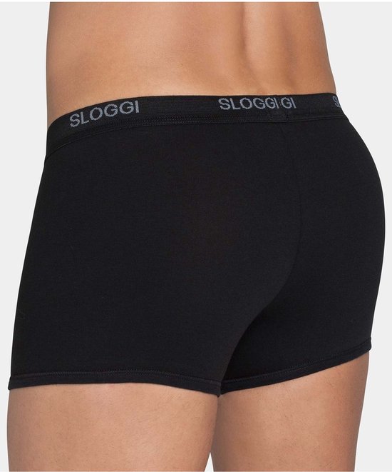 Zicht op de achterkant van een zwarte Sloggi Basic boxershort met grijze logoband.