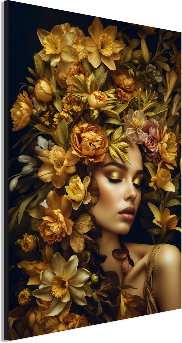 Wanddecoratie Metaal - Aluminium Schilderij Bloemen van Goud - 60 x 40 cm - Vrouw - Muurdecoratie woonkamer en slaapkamer - Inclusief ophangsysteem - Portretten - Modern - Displate alternatief