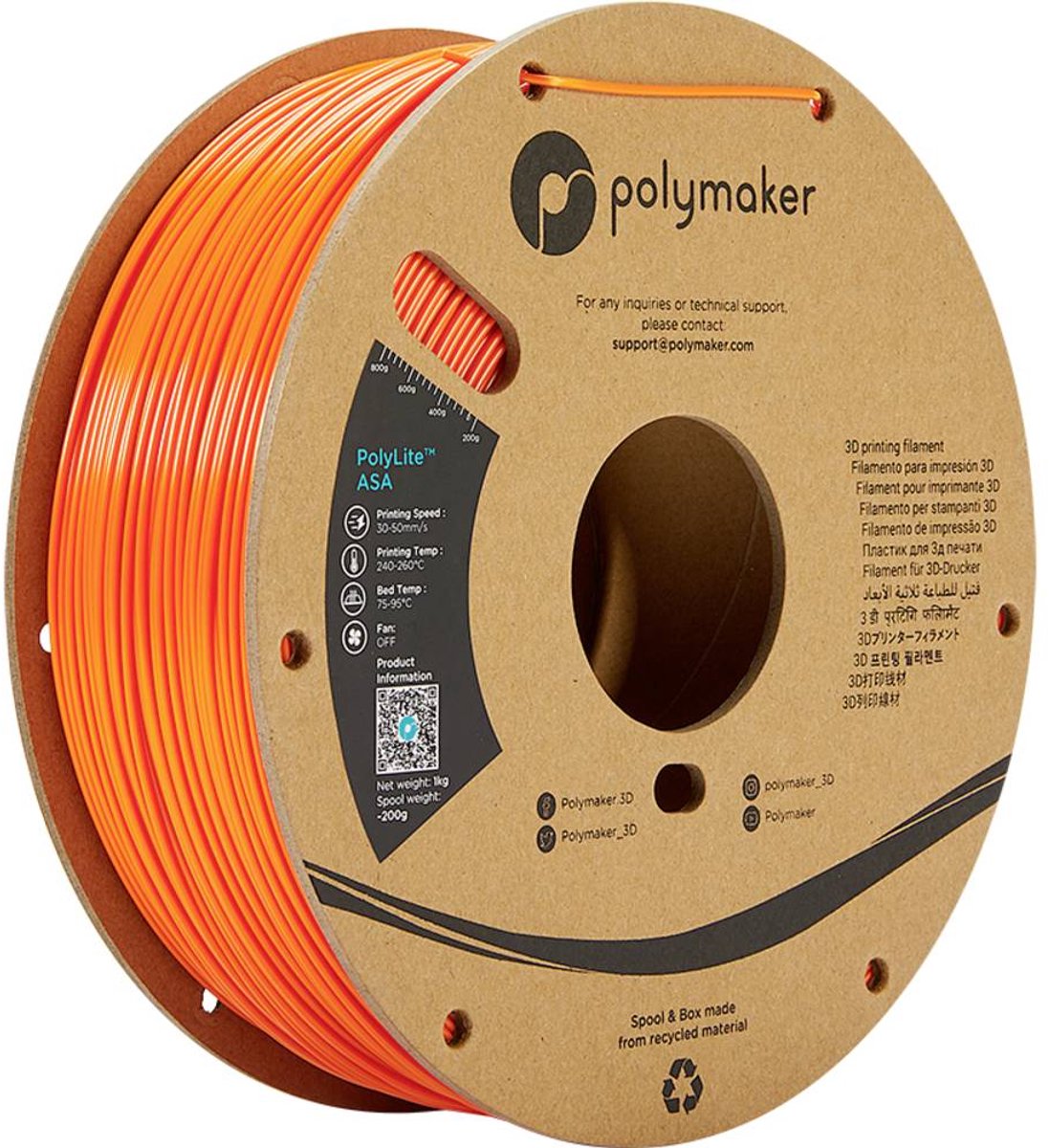 Polymaker PF01007 Orange Filament ASA UV-bestendig, Weerbestendig, Hittebestendig, Slagvast 1.75 mm 1000 g Oranje PolyL