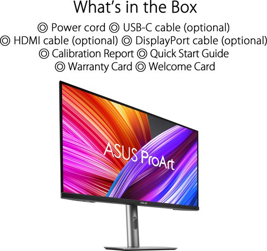 ASUS ProArt monitor met een levendig, abstract achtergrondpatroon, getoond met de inhoud van de "What's in the Box".
