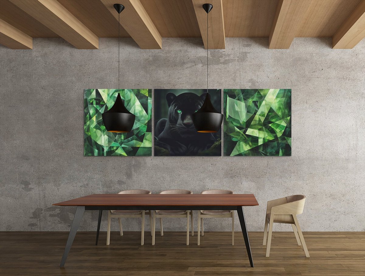 Trendex Global Panter Drieluik Schilderij – Modern Canvas Wanddecoratie – 3-Delige Panther Kunst - 3x60x60 cm Groen