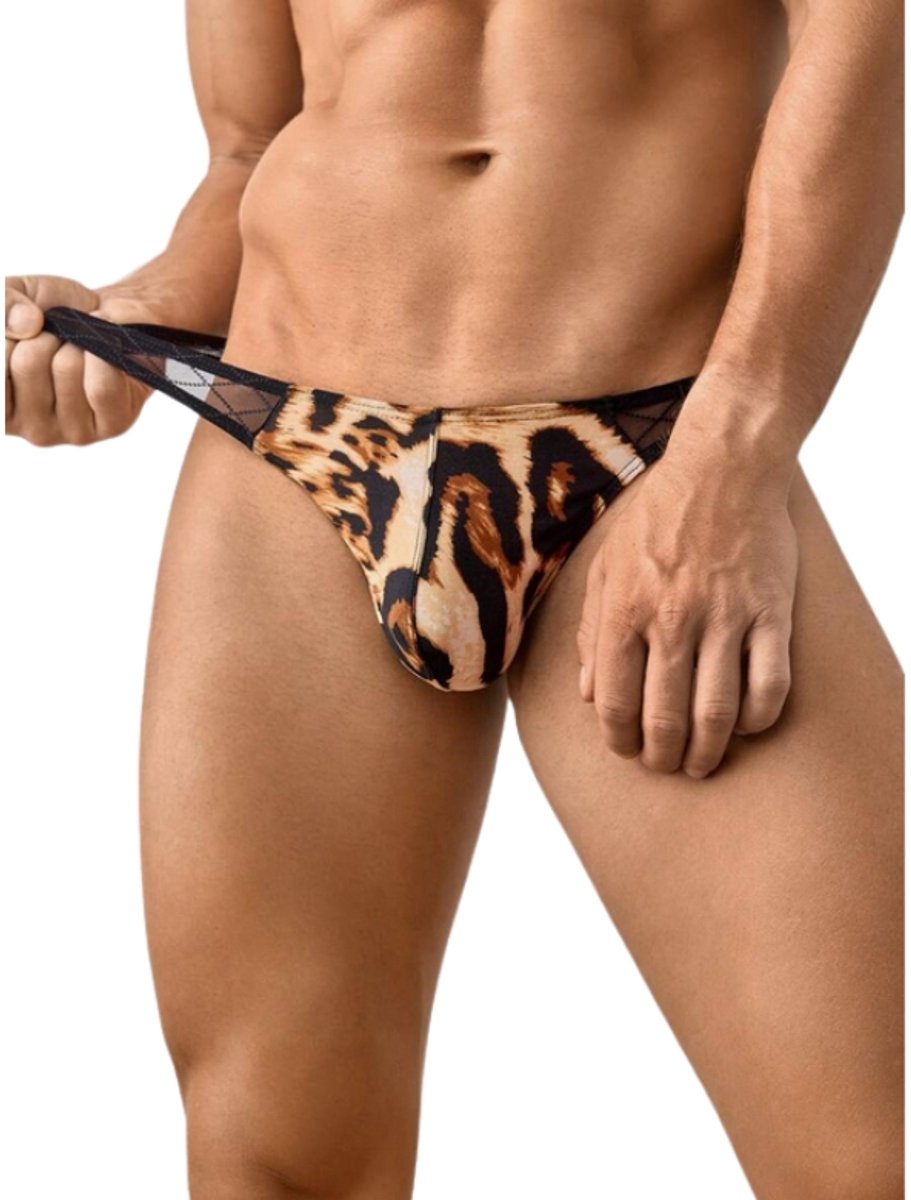 Sexy Luipaardstring voor Heren - Mesh Doorschijnende Tailleband - Verleidelijk Ondergoed - XL | LekkerStout | ( LS306 )